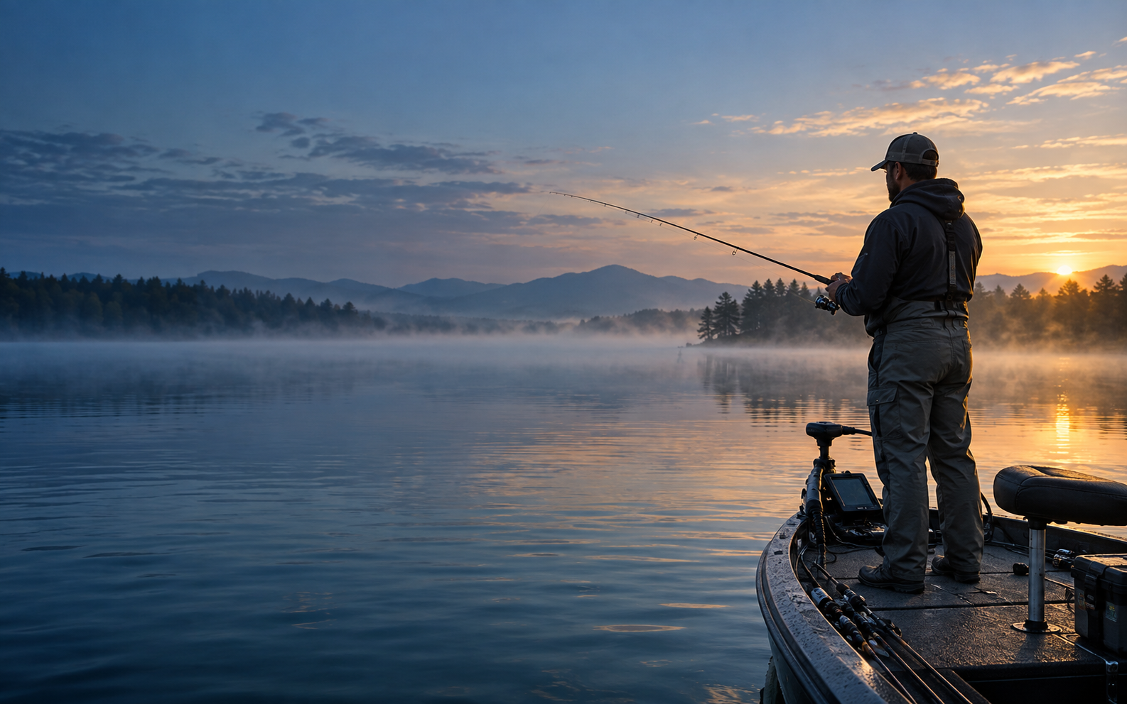 Bass angler standing on a boat at sunrise